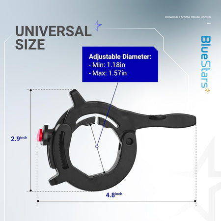 Motorcycle throttle lock cruise control showing adjustable diameter dimensions of 1.18 to 1.57 inches.