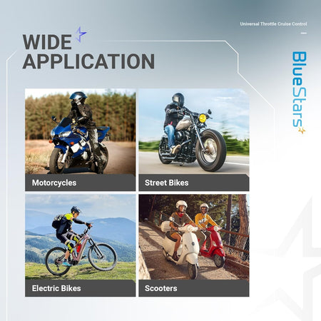 Infographic showing universal throttle cruise control compatibility with motorcycles, street bikes, e-bikes, and scooters.