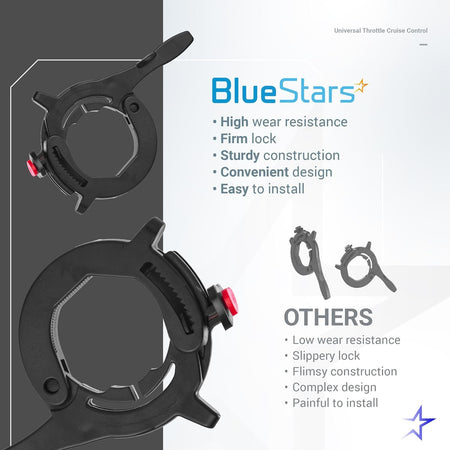 Comparison graphic showing BlueStars motorcycle throttle cruise control lock versus standard alternatives.