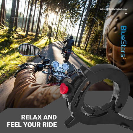 Black motorcycle throttle lock cruise control device with red adjustment button shown in a lifestyle graphic.