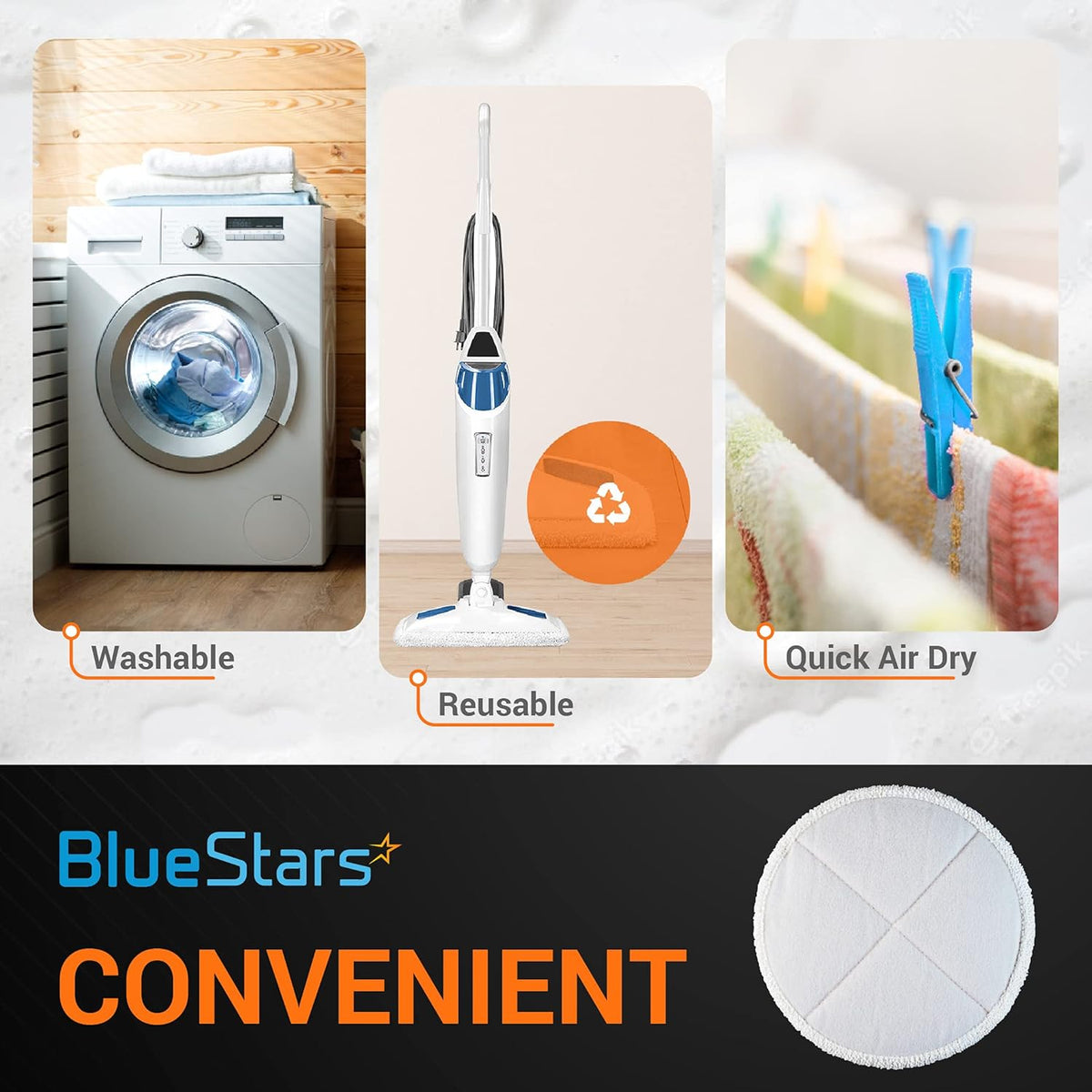 Infographic showing washable and reusable replacement mop pads for Bissell Spinwave hard floor cleaners.