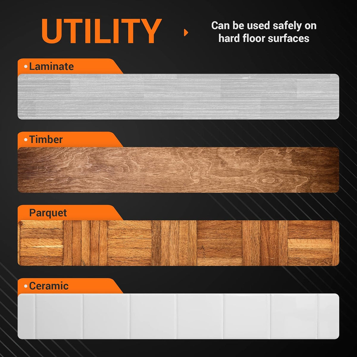Infographic showing Bissell Spinwave mop pad compatibility with laminate, timber, parquet, and ceramic hard floors.