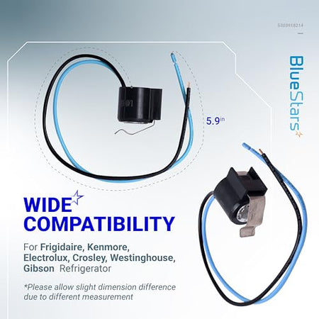 Two refrigerator defrost thermostats with wiring harnesses for Frigidaire, Kenmore, and Electrolux models.