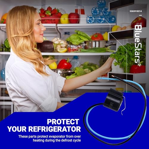 5303918214 refrigerator defrost thermostat replacement part with blue and black wires.
