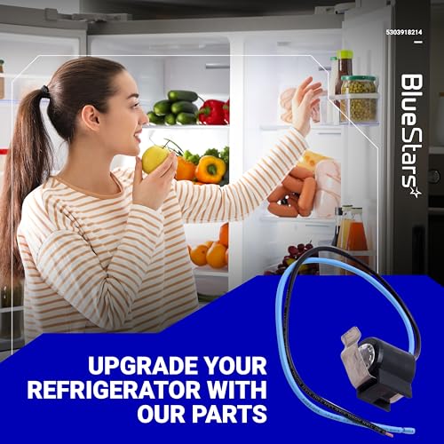 5303918214 refrigerator defrost thermostat replacement part with blue and black wires on a promotional lifestyle graphic.