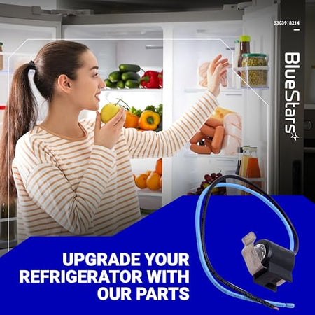 5303918214 refrigerator defrost thermostat replacement part with blue and black wires on a promotional lifestyle graphic.