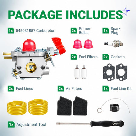 545081857 Carburetor Kit package contents: carburetor, primer bulbs, spark plug, filters, gaskets, fuel lines and tool
