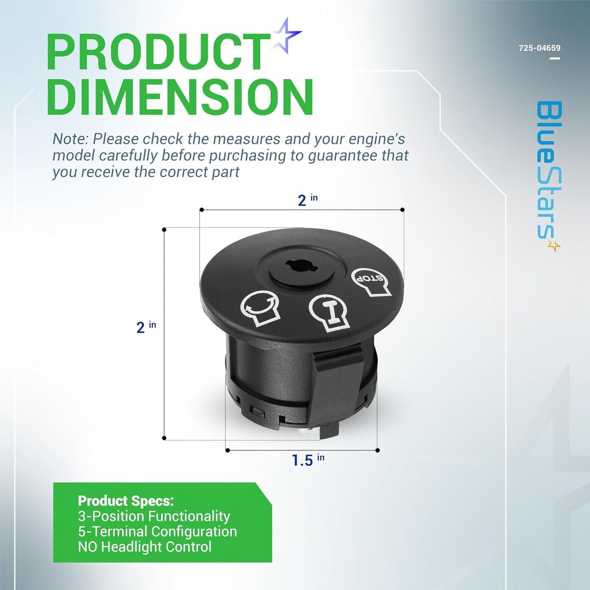 Dimensional diagram of 725-04659 ignition switch for lawn tractors showing 2-inch width and height measurements.