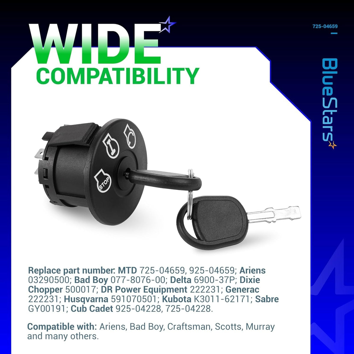 725-04659 ignition switch with key for lawn tractors, featuring 5 terminals and wide compatibility branding.