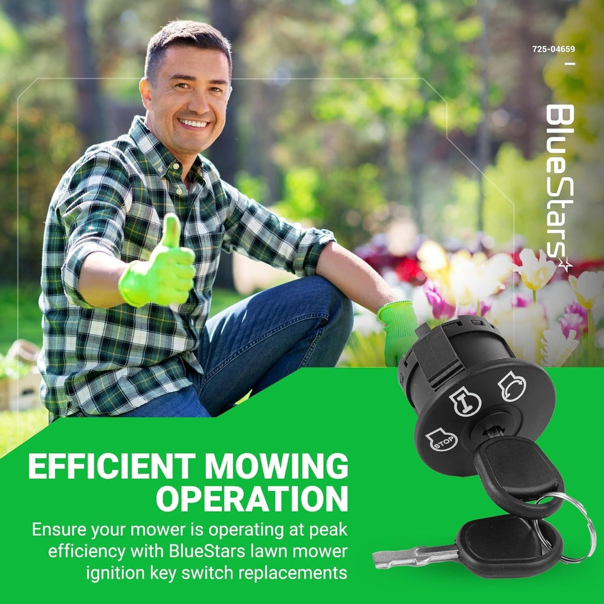 BlueStars 725-04659 ignition switch with key for lawn mowers shown in a promotional lifestyle graphic.