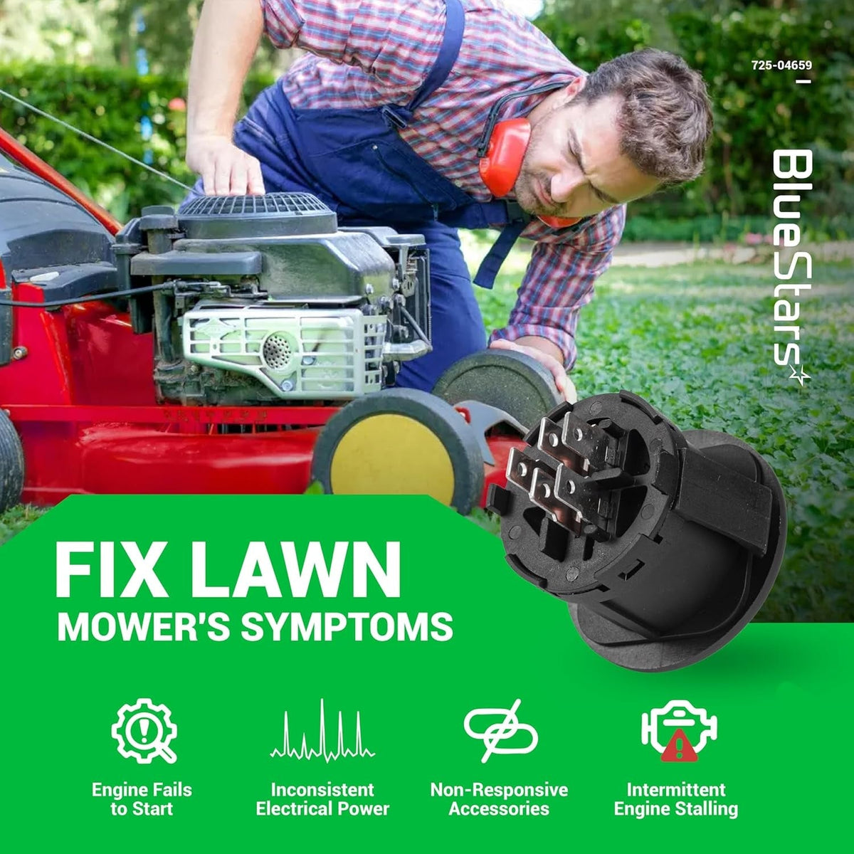 725-04659 5-terminal ignition switch for lawn mowers shown with a technician repairing a mower engine.