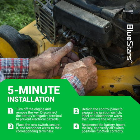 Hands installing a 725-04659 5-terminal ignition switch on a lawn tractor with 5-minute installation instructions.