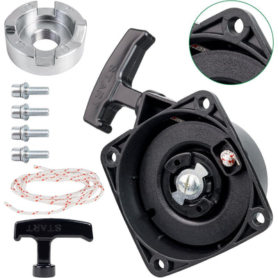 A051001520 Recoil Starter Pull Start, showing starter assembly, pull handle, rope, screws, and metal cup with close-up inset