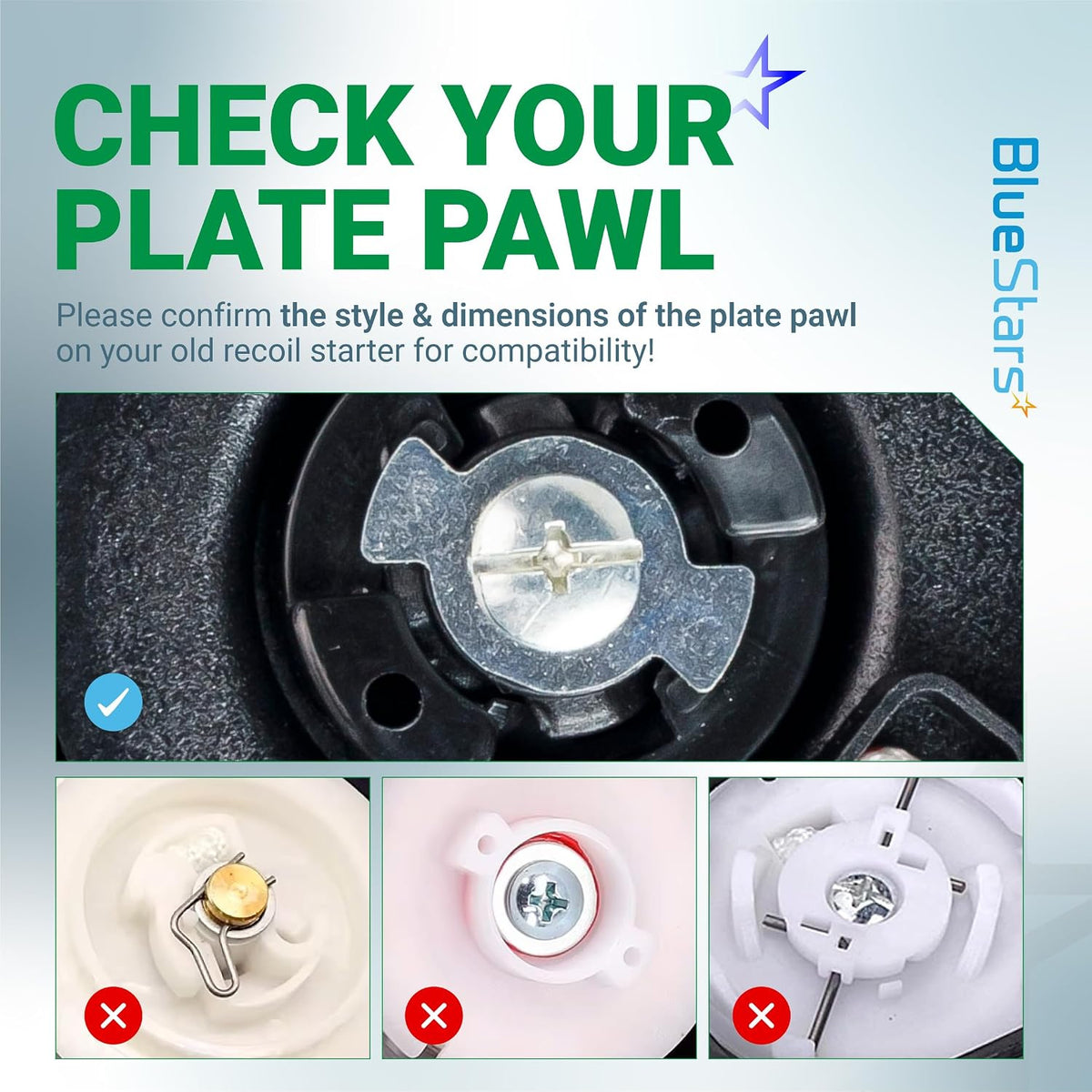A051001520 Recoil Starter Pull Start for Husqvarna 350BF 350BT showing plate pawl style comparison