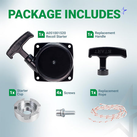 A051001520 Recoil Starter, package contents shown with starter, handles, cup, screws, and replacement rope