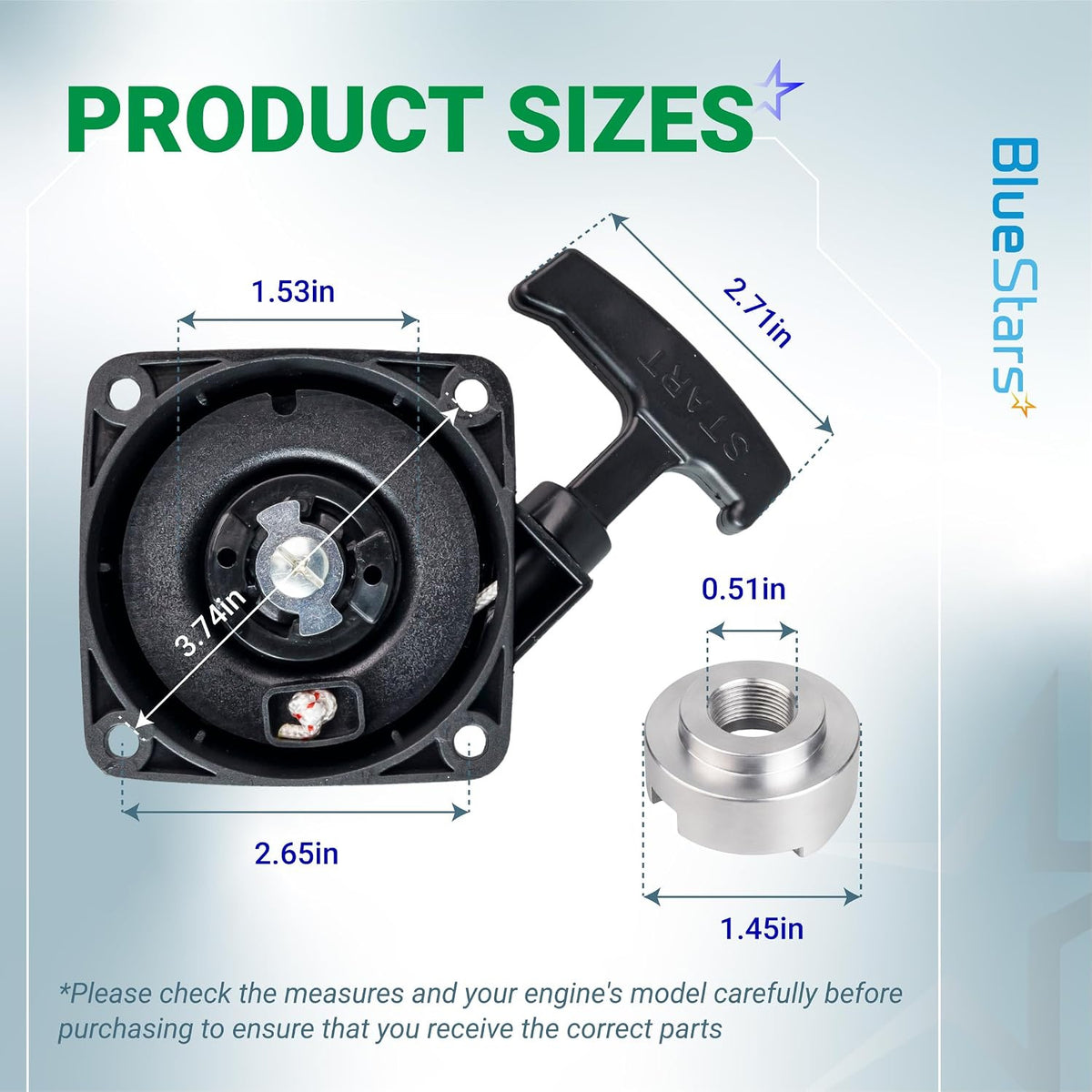 A051001520 Recoil Starter Pull Start with product dimensions labeled on the starter and metal cup