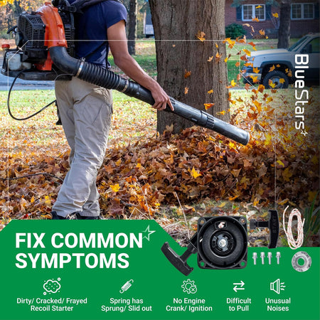 A051001520 Recoil Starter Pull Start, graphic showing leaf blower use, starter assembly, parts, and common symptoms
