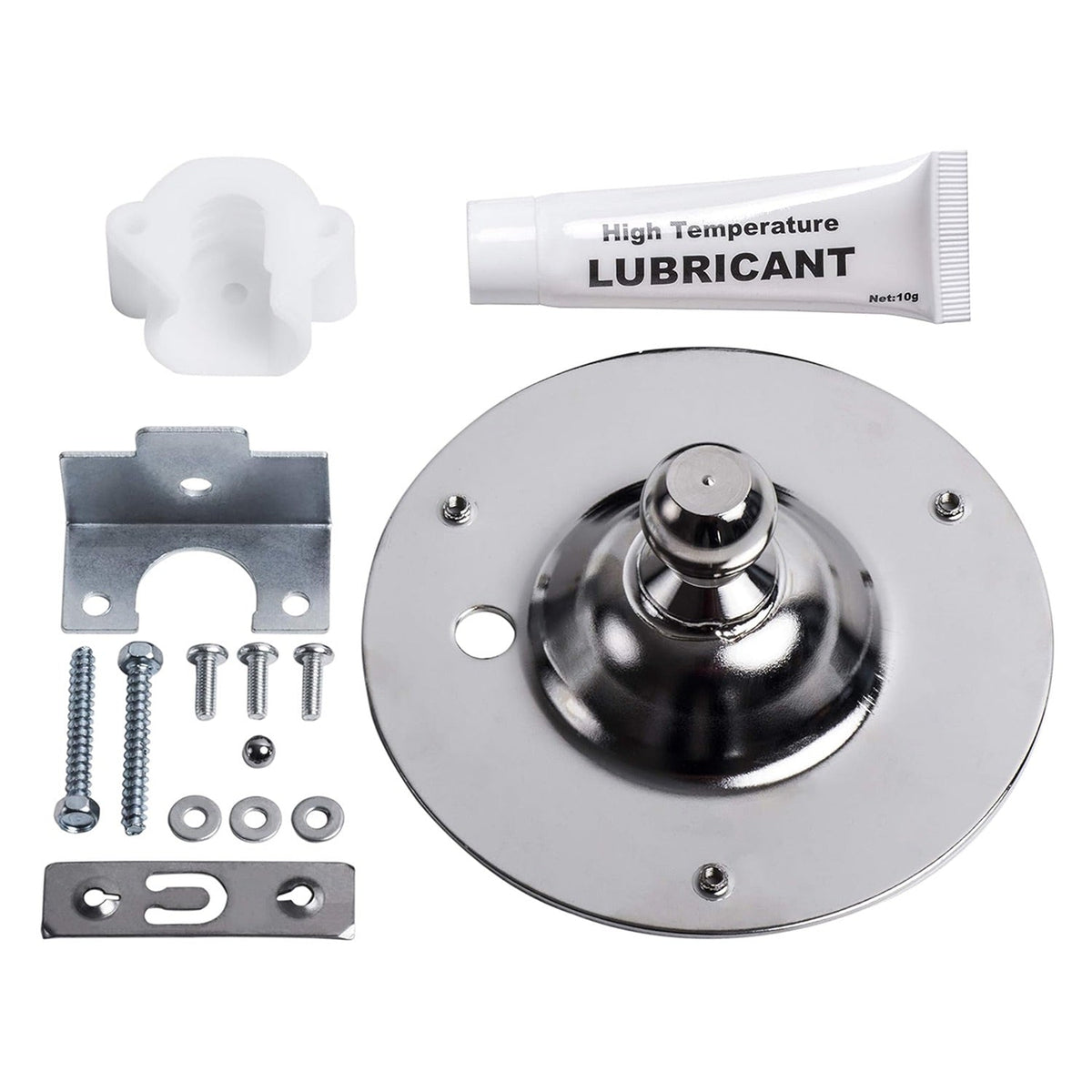 5303281153 dryer rear drum bearing kit including metal bearing assembly, plastic glide, lubricant, and mounting hardware.