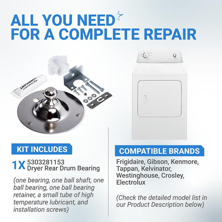 5303281153 Dryer Rear Drum Bearing Kit, components shown beside a white dryer with compatible brand text