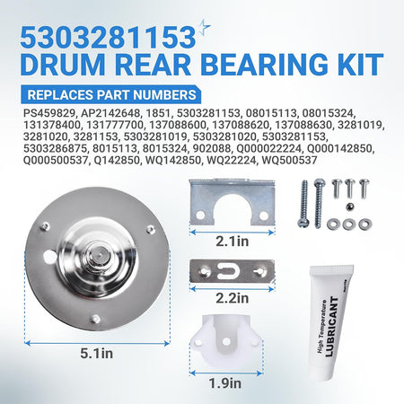 5303281153 Dryer Rear Drum Bearing Kit with parts shown alongside dimension diagrams and included hardware and lubricant