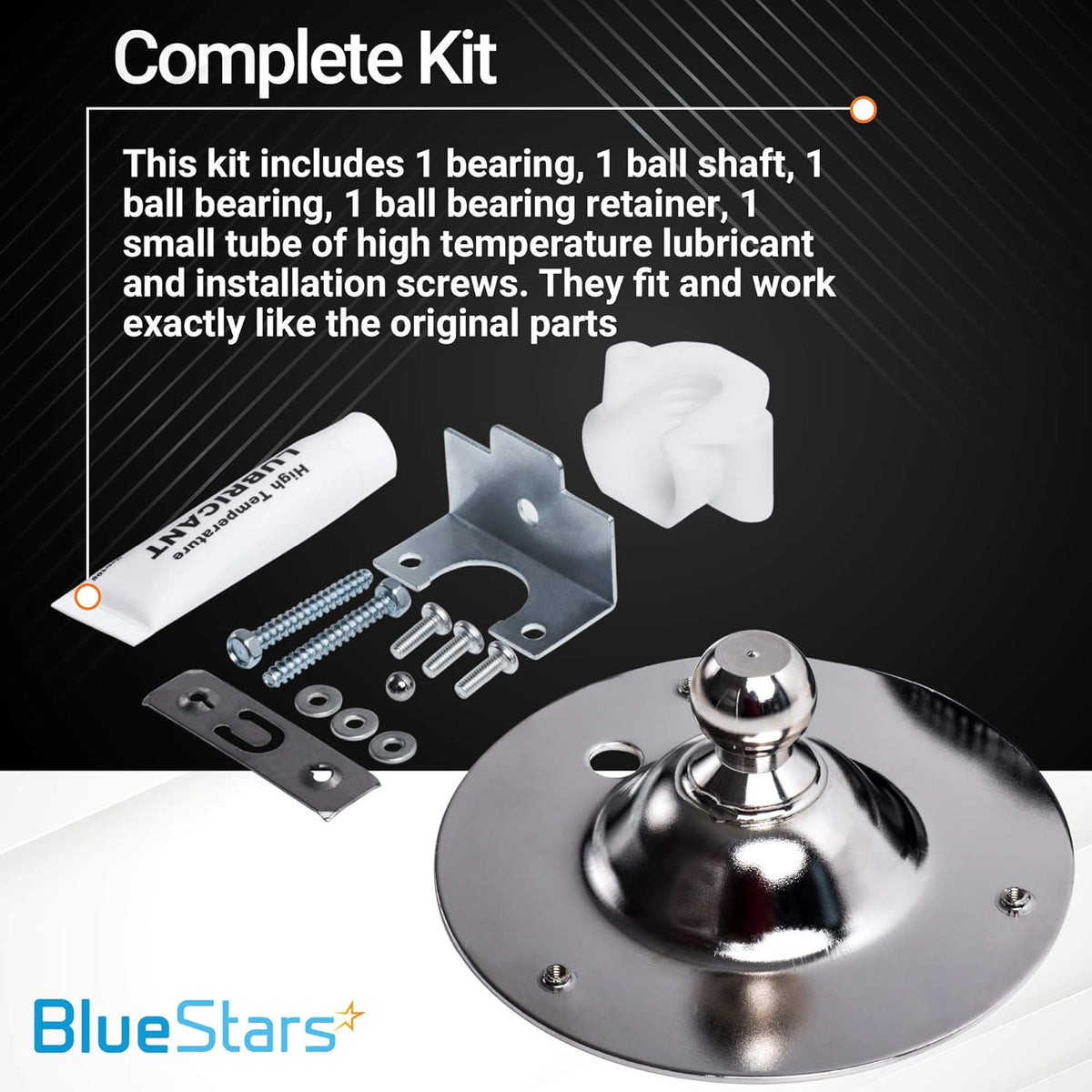 Complete 5303281153 dryer rear drum bearing kit with lubricant, mounting hardware, and replacement components.
