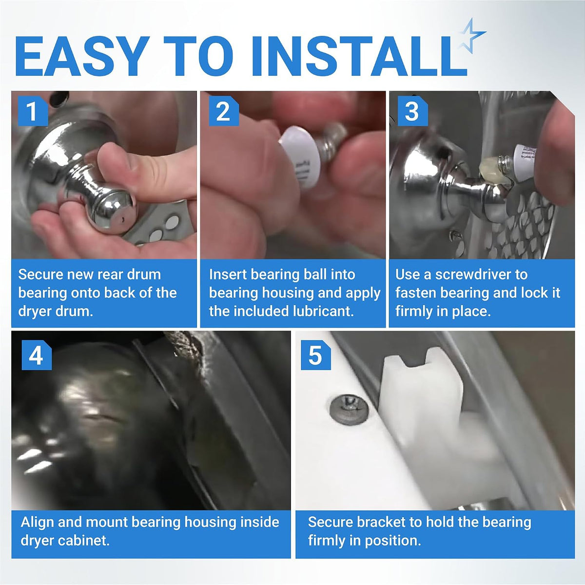 5303281153 Dryer Rear Drum Bearing Kit, five-step installation guide showing bearing mounting and bracket securing
