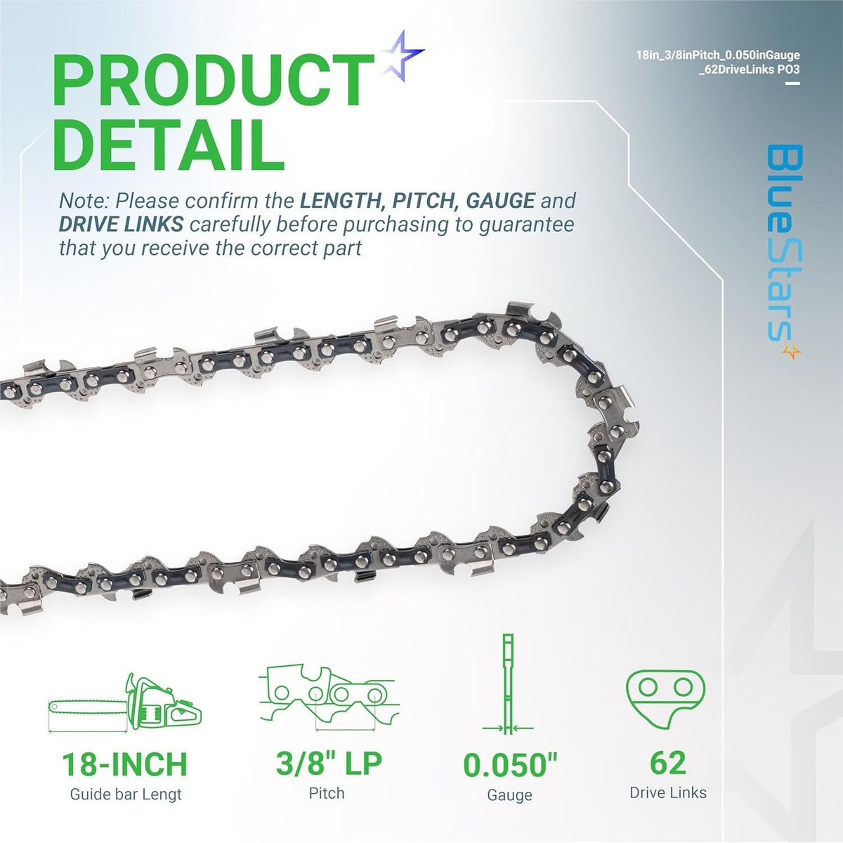 Infographic showing 18-inch chainsaw chain specifications including 3/8-inch pitch, 0.050-inch gauge, and 62 drive links.