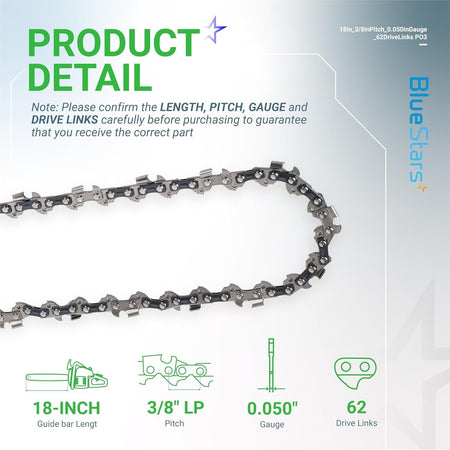 Infographic showing 18-inch chainsaw chain specifications including 3/8-inch pitch, 0.050-inch gauge, and 62 drive links.