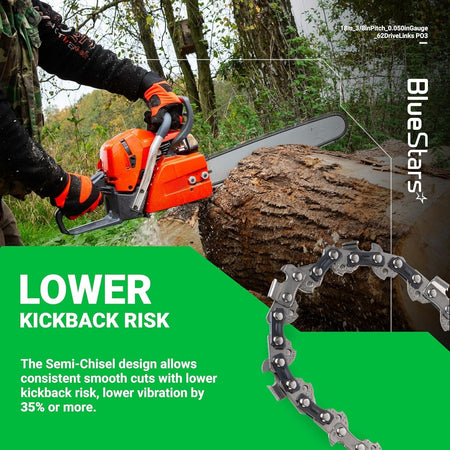 18-inch chainsaw chain with semi-chisel design for lower kickback risk and smooth cutting performance.