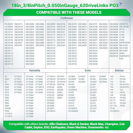 Compatibility chart for 18-inch chainsaw chain with 3/8-inch LP pitch and 0.050-inch gauge.