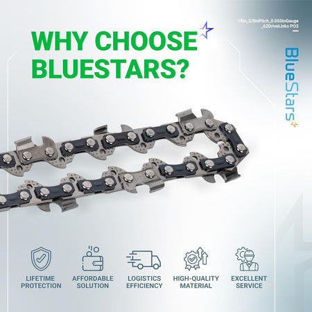 Close-up of 18-inch chainsaw chain with 3/8-inch pitch and 0.050-inch gauge on BlueStars promotional background.