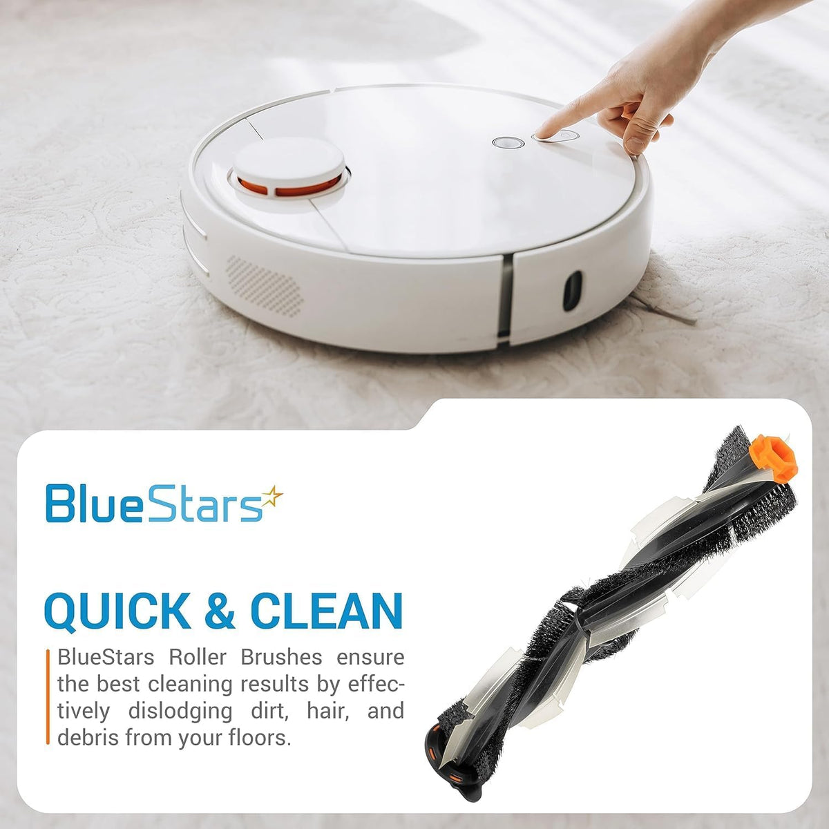 Main roller brush for Neato Botvac robotic vacuum cleaners shown with a white robot vacuum.