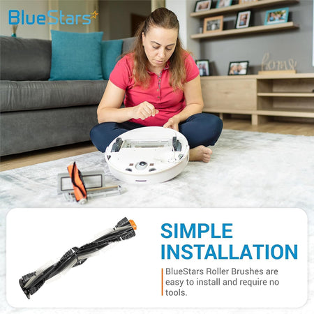 Woman installing a replacement main roller brush into a Neato Botvac robotic vacuum cleaner.