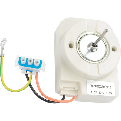 WR60X28783 refrigerator evaporator fan motor with wiring harness and blue connector for GE and Hotpoint refrigerators.