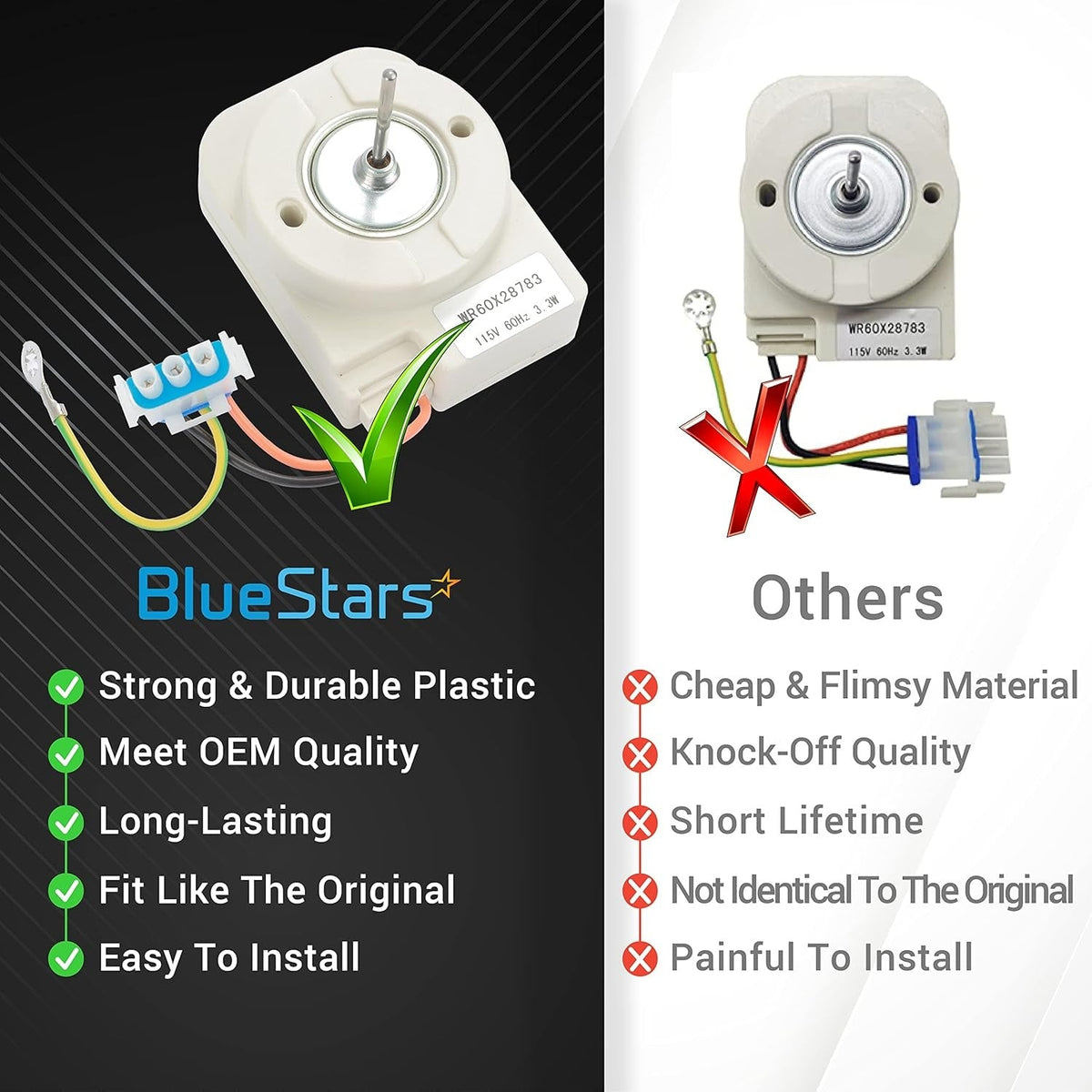 Comparison chart showing BlueStars WR60X28783 refrigerator evaporator fan motor quality versus generic alternatives.