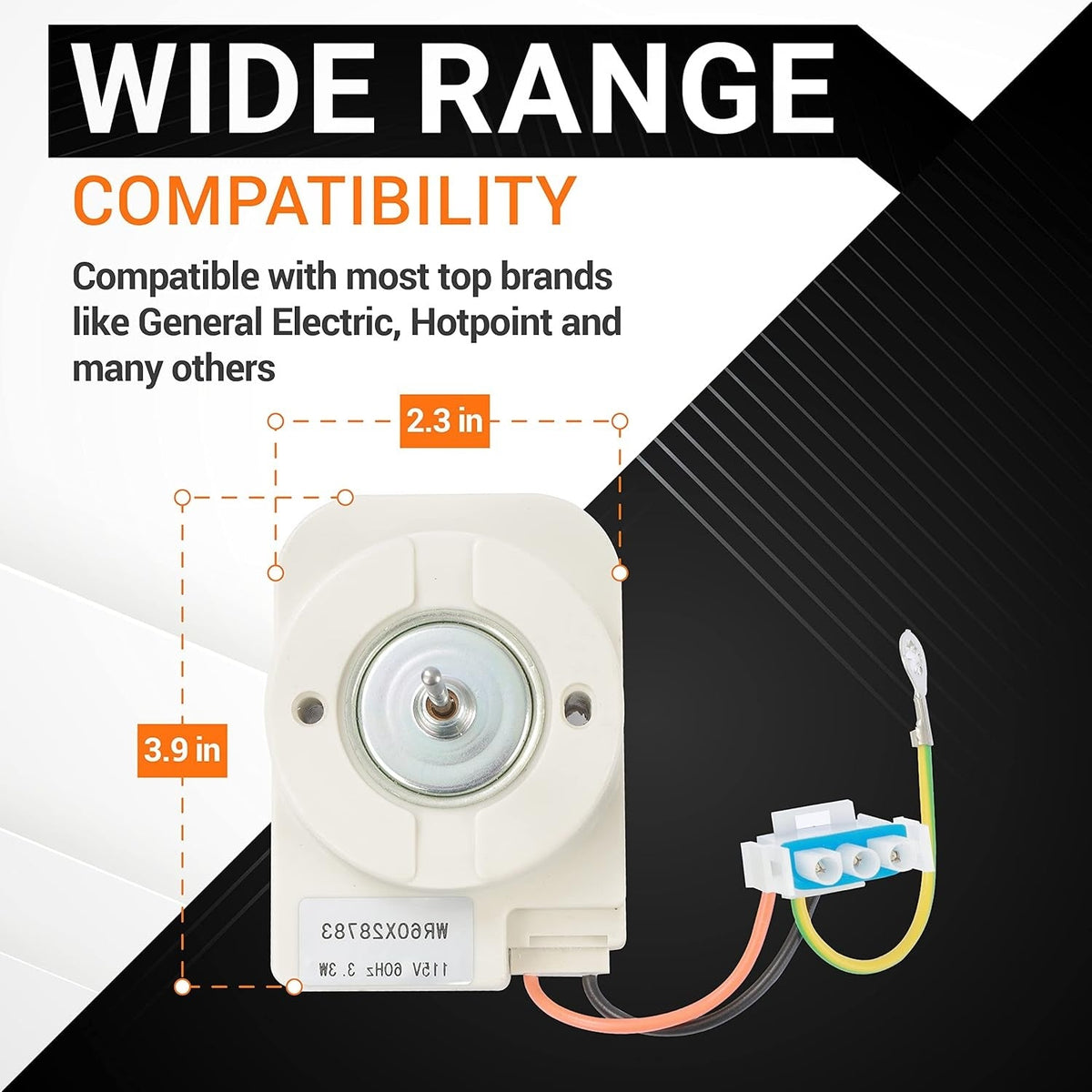 Refrigerator evaporator fan motor showing dimensions and compatibility for GE and Hotpoint models.