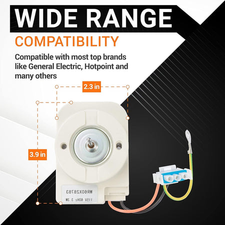 Refrigerator evaporator fan motor showing dimensions and compatibility for GE and Hotpoint models.