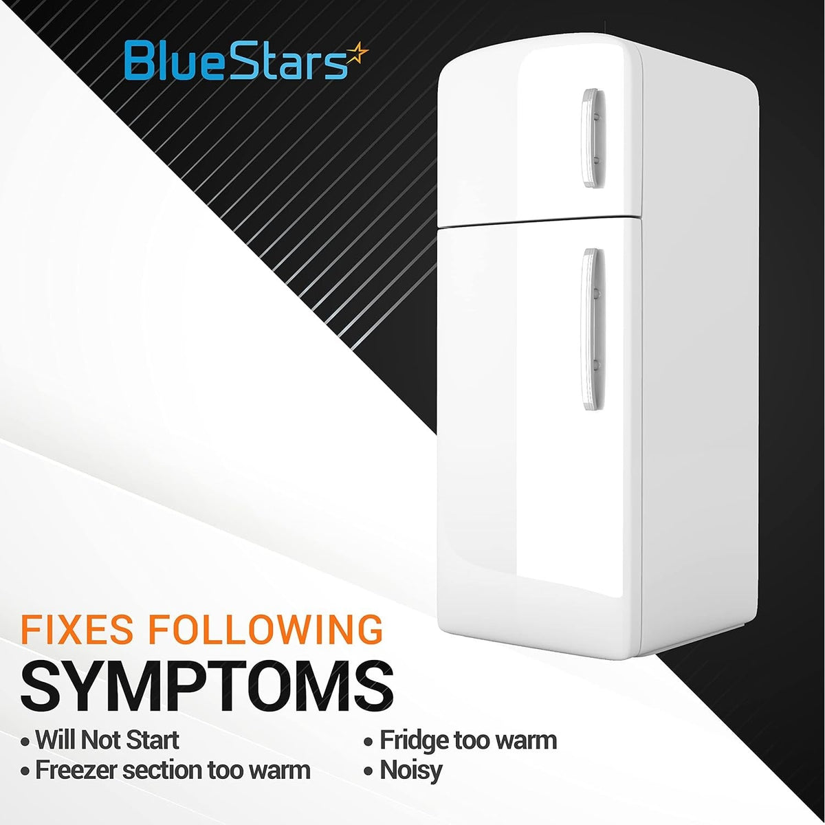 Graphic showing refrigerator symptoms fixed by WR60X28783 evaporator fan motor for GE and Hotpoint refrigerators.