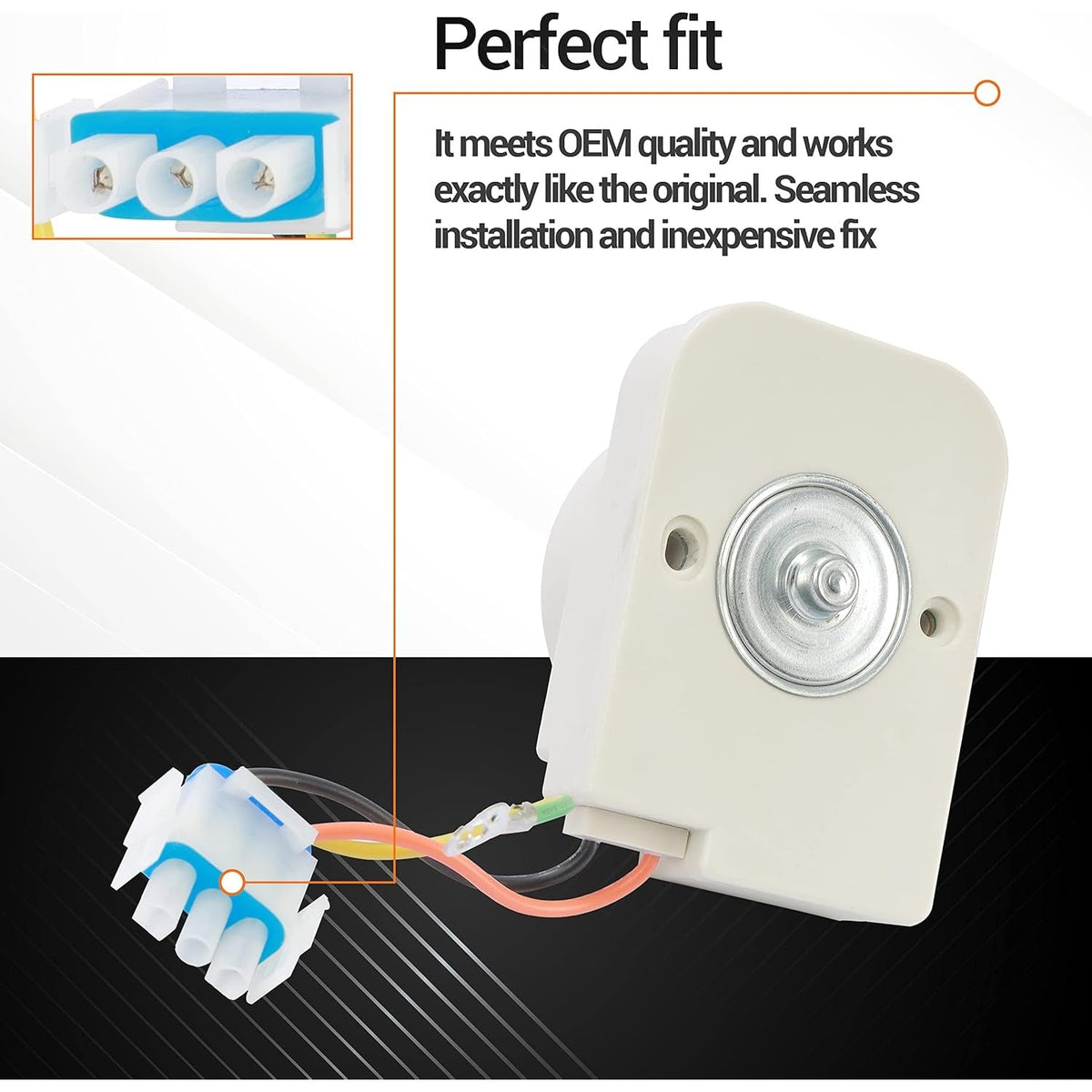 Refrigerator evaporator fan motor with wiring harness and connector, showing OEM quality fit and installation details.