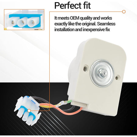 Refrigerator evaporator fan motor with wiring harness and connector, showing OEM quality fit and installation details.