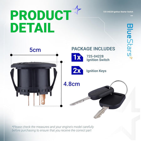 Dimension diagram of 925-04228 lawn mower ignition starter switch with two keys and 5cm by 4.8cm measurements.