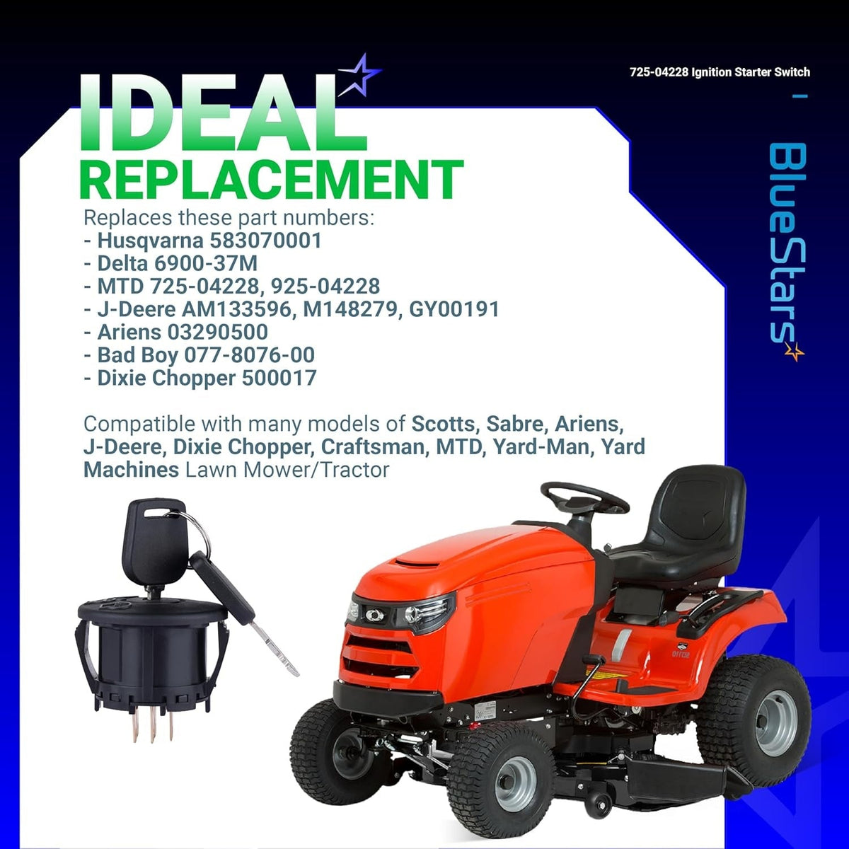 Infographic showing 925-04228 ignition starter switch with keys and compatible lawn mower tractor.