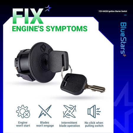 925-04228 lawn mower ignition starter switch with keys and engine symptom troubleshooting icons.
