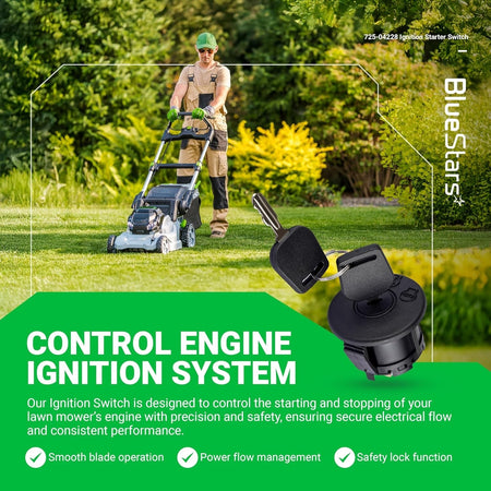 925-04228 lawn mower ignition starter switch with keys shown in a promotional lifestyle graphic.