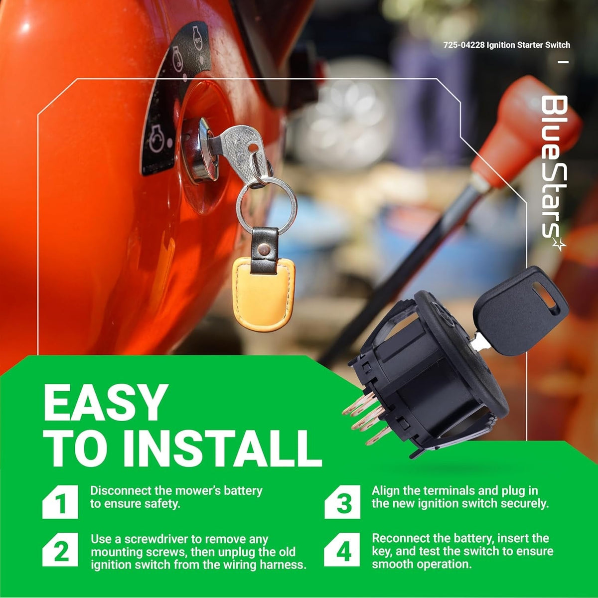 Installation guide for 925-04228 lawn mower ignition starter switch with 5 terminals and key.