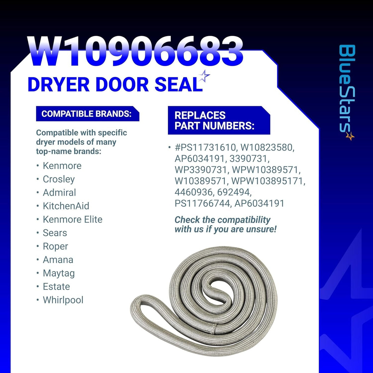 W10906683 dryer door seal replacement part with compatibility information chart.