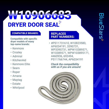 W10906683 dryer door seal replacement part with compatibility information chart.