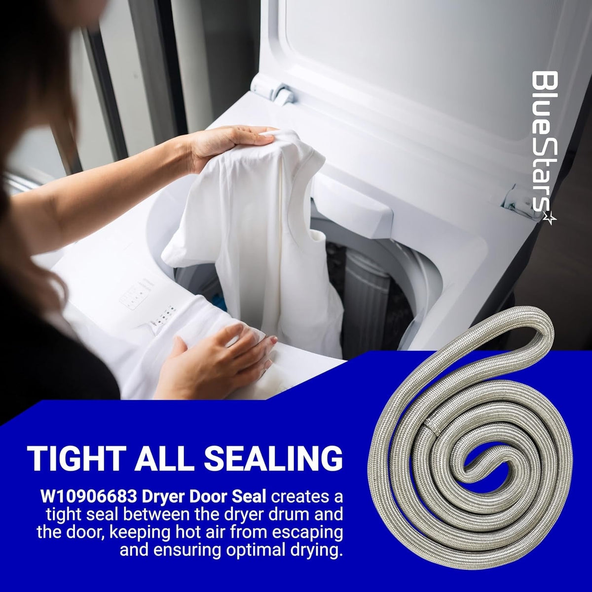 W10906683 dryer door seal coiled for installation, shown with dryer usage context and product benefit text.