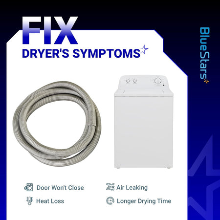 W10906683 dryer door seal troubleshooting guide showing common symptoms like air leaking and heat loss.