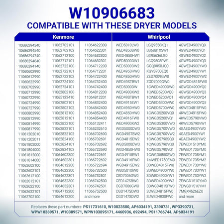 Compatibility chart for W10906683 dryer door seal listing compatible Kenmore and Whirlpool dryer models.